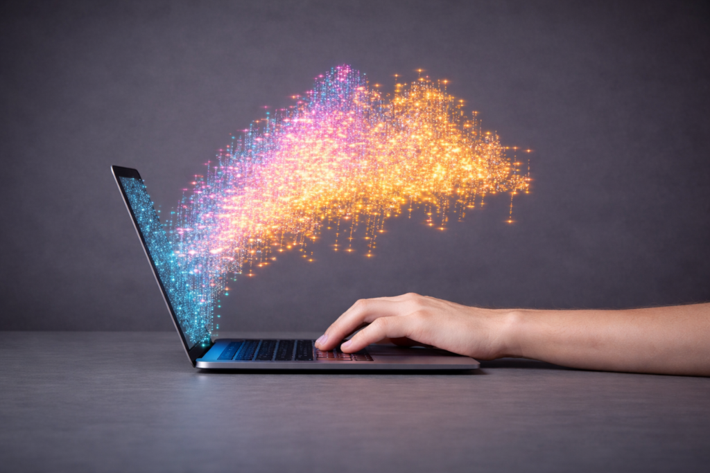 Glowing digital cascade from laptop 1024x683