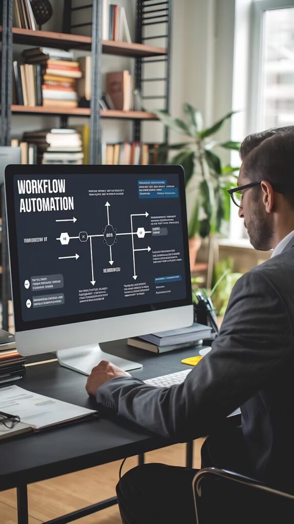 Business process management concept computer screen with workflow automation flowchart perfo 1313853 178997 574x1024
