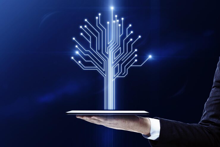 Close up hand holding tablet with abstract digital circuit tree blurry blue background information technology business concept 670147 104113