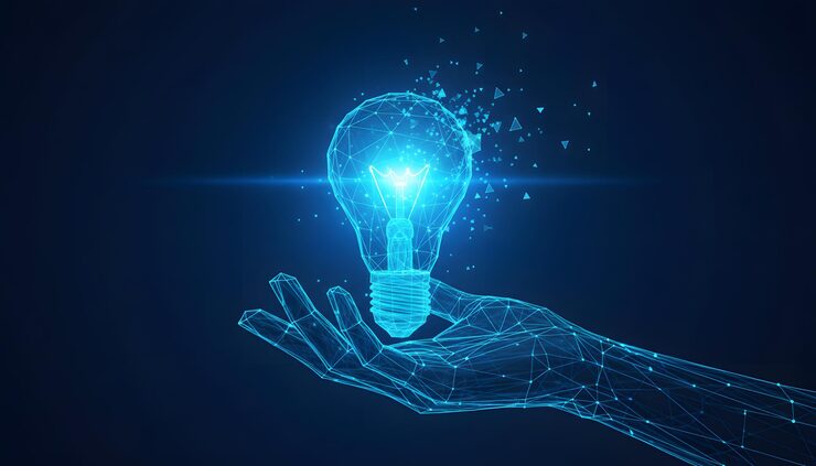 Digital hand holding glowing blue light bulb with particles 259293 34717
