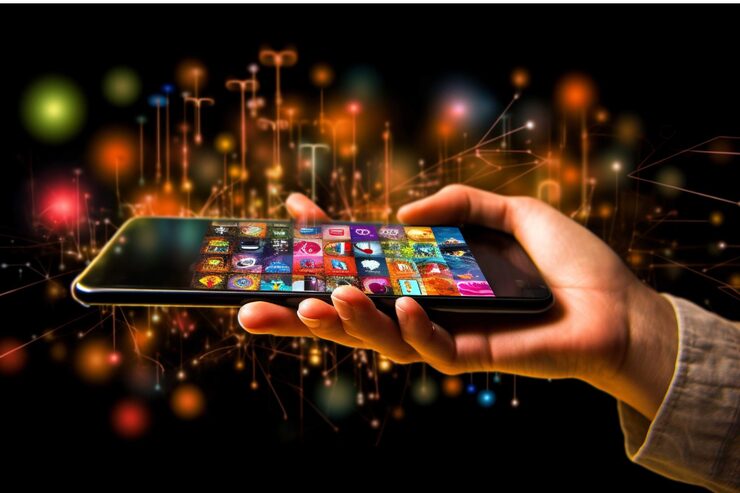 Hand holding smartphone with social network screen blurred people background 934652 2006