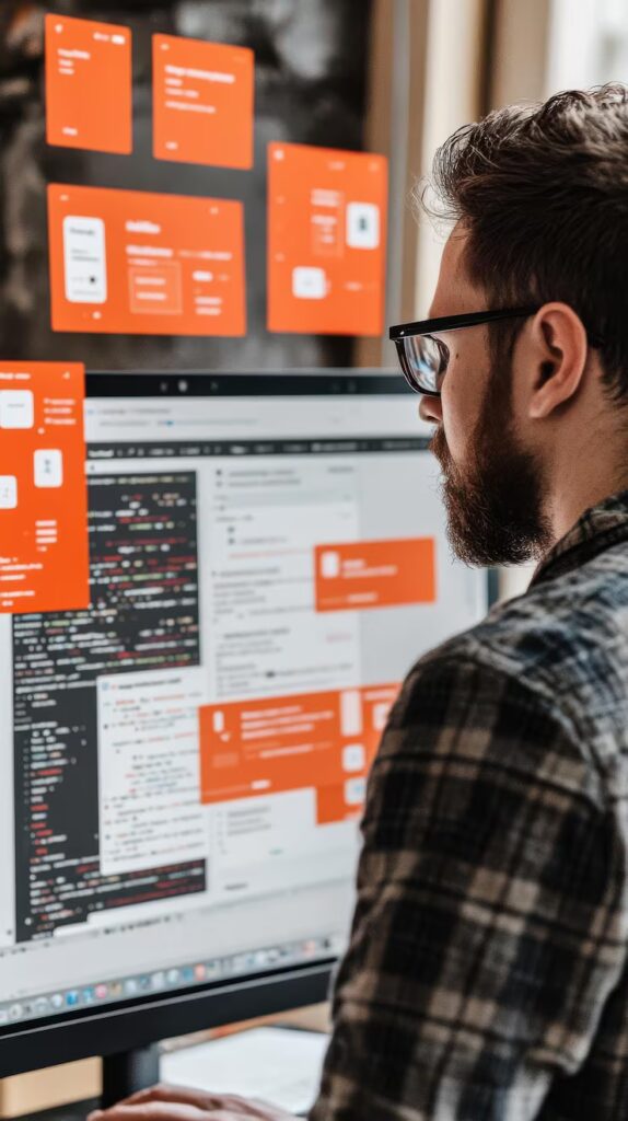 Person coding computer with vibrant interface elements displayed 1372717 11227 574x1024