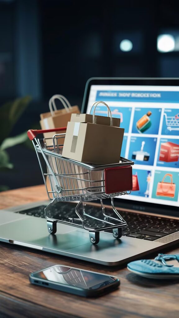 Shopping cart shopping bags product box put laptop which is online shop store 926199 4086454 576x1024