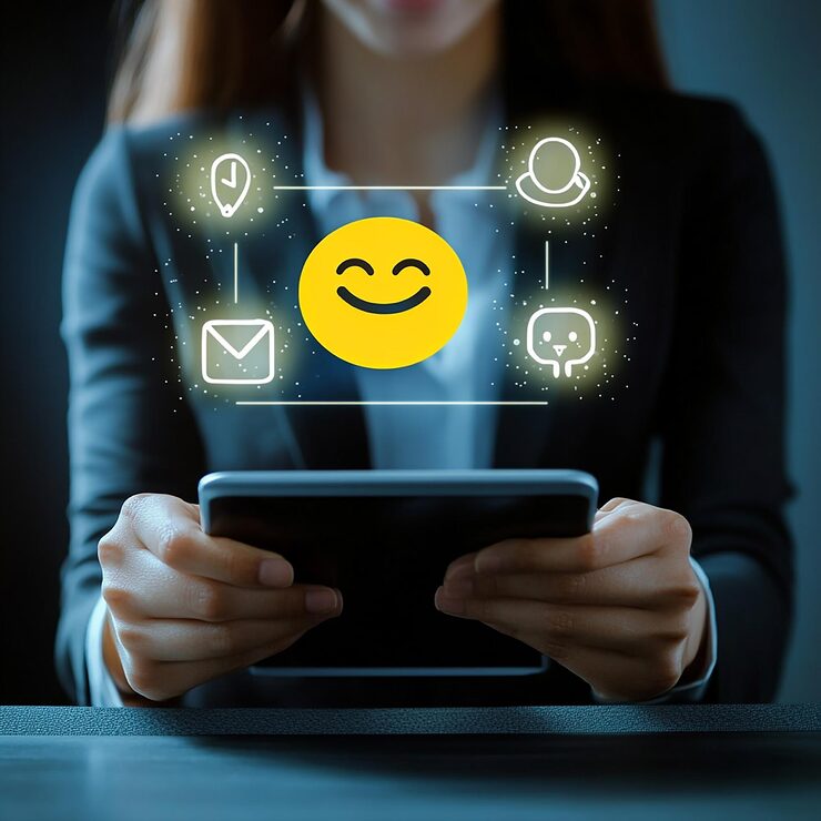 Woman is using tablet with yellow smiley face it 1288816 5888