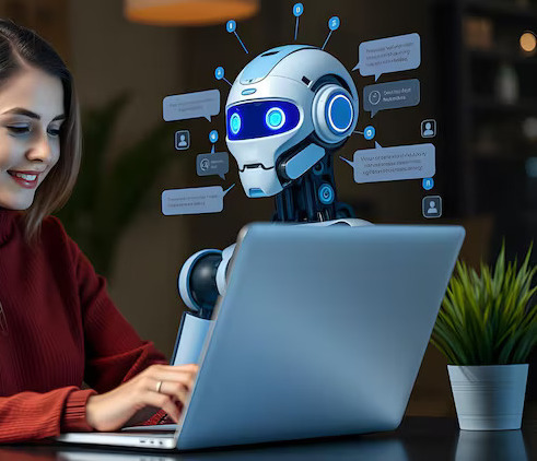 Woman is working laptop with robot screen 1040470 29090 2 1