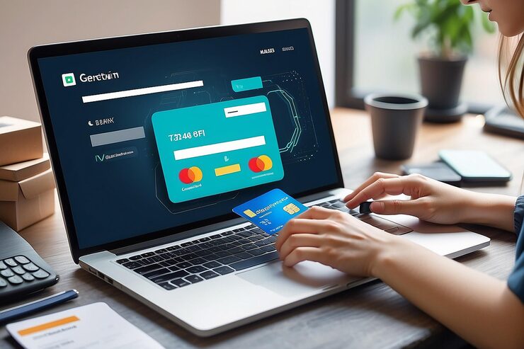Woman laptop credit card closeup hands with online shopping bank app ai generative 475577 61552
